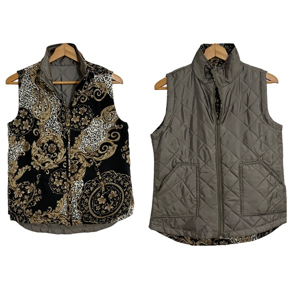 Quilted Reversible Full Zip Vest 2 Pockets Each Side Animal Print/Solid M - Picture 1 of 10
